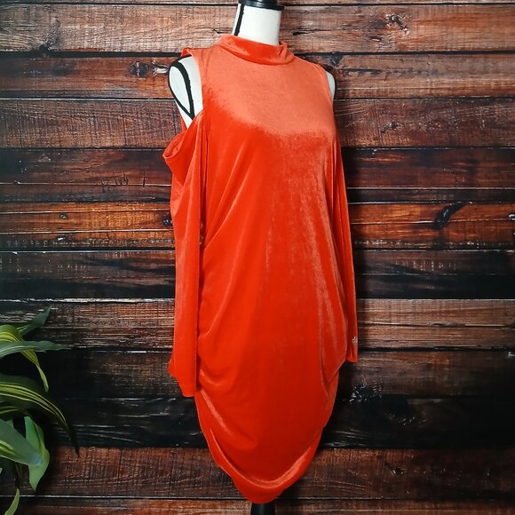 Juicy Couture Dress XL Velour Ruched Bodycon Cold Shoulder High Neck Red Orange - Picture 8 of 10